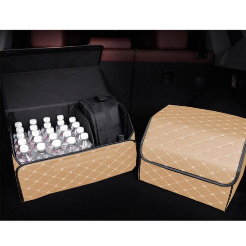 4x Leather Car Boot Collapsible Folding Cargo Organizer Portable Storage Box Beige/Gold Stitch Large - Image 4