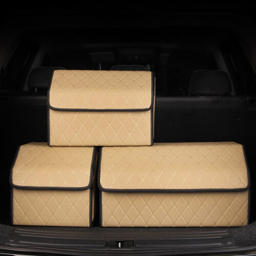 4x Leather Car Boot Collapsible Folding Cargo Organizer Portable Storage Box Beige/Gold Stitch Large - Image 6