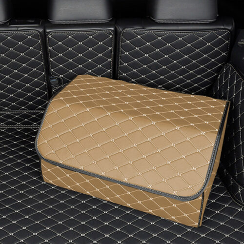 4x Leather Car Boot Collapsible Folding Cargo Organizer Portable Storage Box Beige/Gold Stitch Large - Image 7
