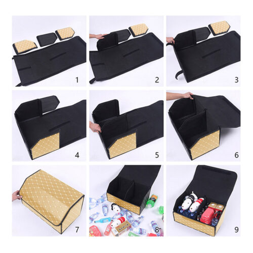 4x Leather Car Boot Collapsible Folding Cargo Organizer Portable Storage Box Beige/Gold Stitch Large - Image 8