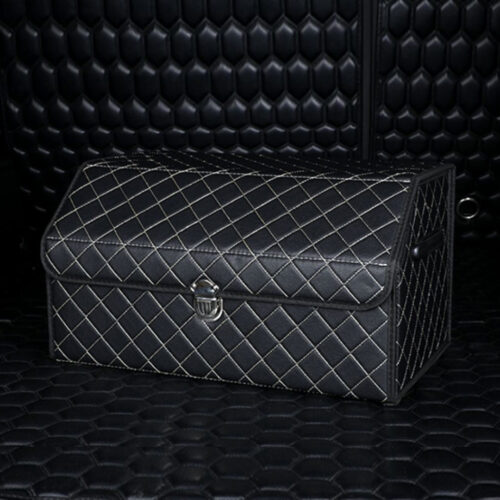 4x Leather Car Boot Collapsible Folding Cargo Organizer Portable Storage Box Black/White Stitch with Lock Medium - Image 3