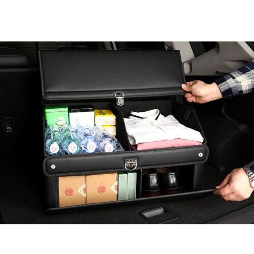 4x 60cm Leather Car Boot Collapsible Folding Cargo Organizer Portable Storage Box with Lock Black - Image 2