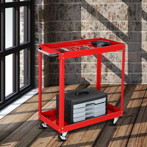 2 Tier Tool Storage Cart Portable Service Utility Heavy Duty Mobile Trolley Red - Image 3