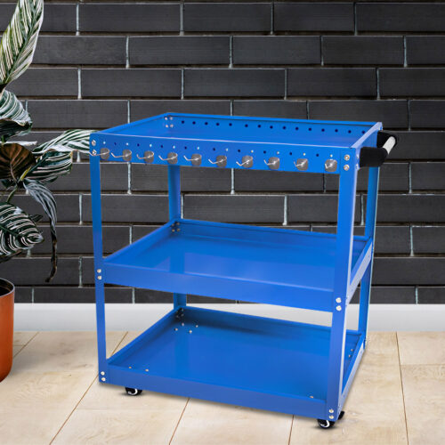 3 Tier Tool Storage Cart Portable Service Utility Heavy Duty Mobile Trolley with Hooks Blue - Image 2