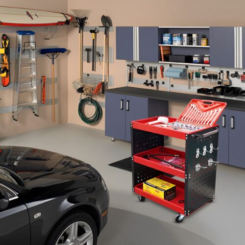 3 Tier Tool Storage Cart Portable Service Utility Heavy Duty Mobile Trolley with Hooks Red - Image 4