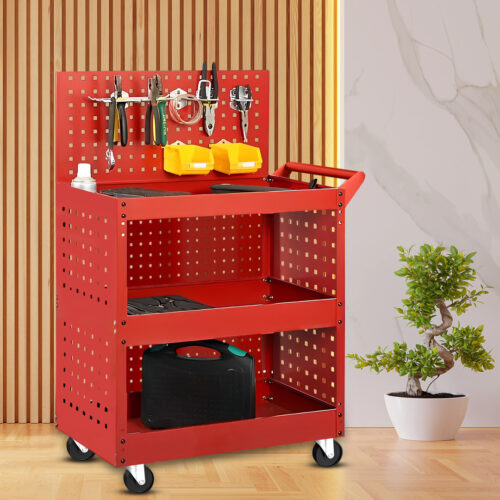 3 Tier Tool Storage Cart Portable Service Utility Heavy Duty Mobile Trolley with Porous Side Panels - Image 3