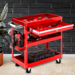 3 Tier Tool Storage Cart Portable Service Utility Heavy Duty Mobile Trolley with Drawer Hooks Red