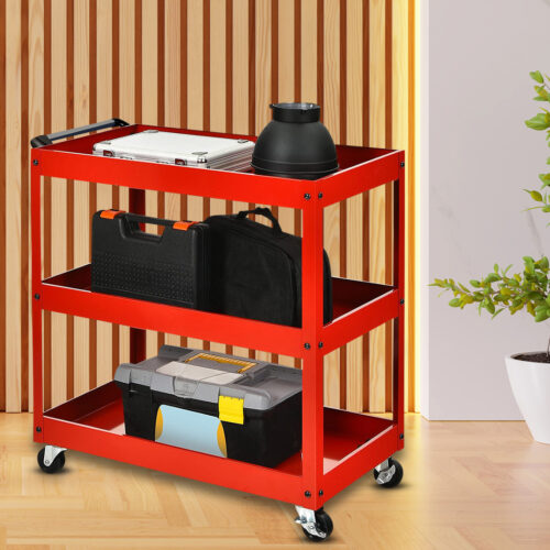 2x 3 Tier Tool Storage Cart Portable Service Utility Heavy Duty Mobile Trolley Red - Image 2