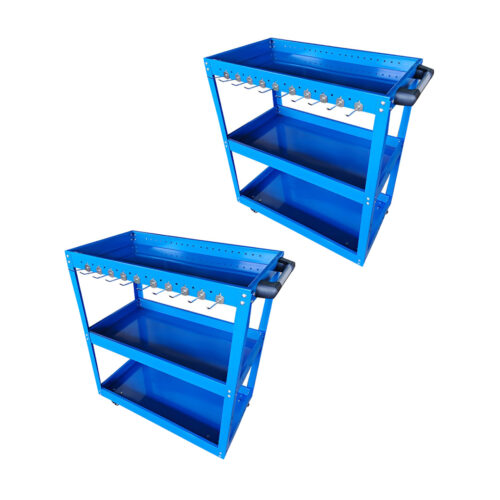 2x 3 Tier Tool Storage Cart Portable Service Utility Heavy Duty Mobile Trolley with Hooks Blue