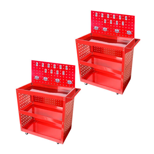 2x 3 Tier Tool Storage Cart Portable Service Utility Heavy Duty Mobile Trolley with Porous Side Panels