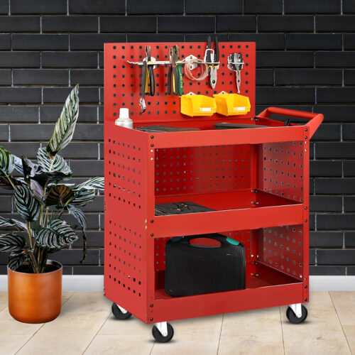 2x 3 Tier Tool Storage Cart Portable Service Utility Heavy Duty Mobile Trolley with Porous Side Panels - Image 2