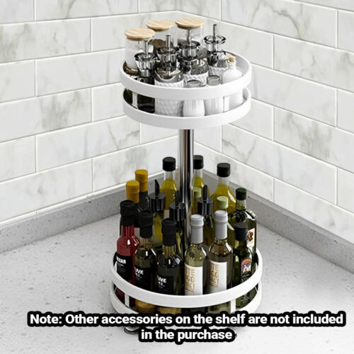 2 Tier Steel White Round Rotating Kitchen Portable Storage Spice Kitchen Countertop Organiser Shelf - Image 2