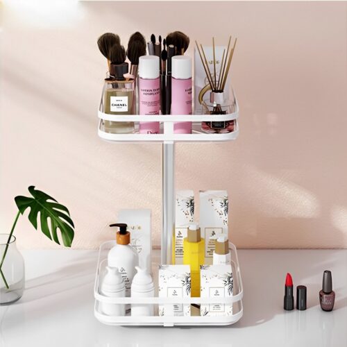 2 Tier Steel White Square Rotating Kitchen Portable Storage Spice Kitchen Countertop Organiser Shelf - Image 2