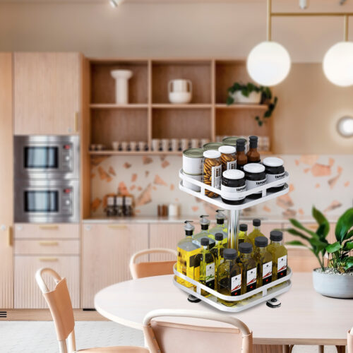 2 Tier Steel White Square Rotating Kitchen Portable Storage Spice Kitchen Countertop Organiser Shelf - Image 3