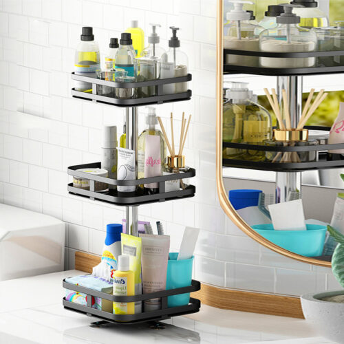 3 Tier Steel Black Square Rotating Kitchen Portable Storage Spice Kitchen Countertop Organiser Shelf - Image 2