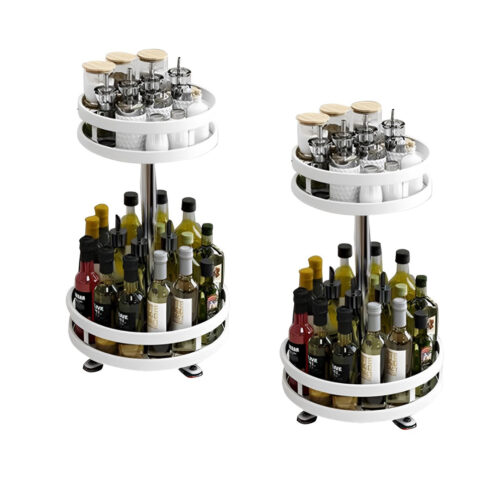 2x 2 Tier Steel White Round Rotating Kitchen Portable Storage Spice Kitchen Countertop Organiser Shelf