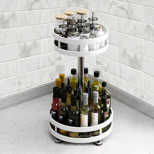 2x 2 Tier Steel White Round Rotating Kitchen Portable Storage Spice Kitchen Countertop Organiser Shelf - Image 2