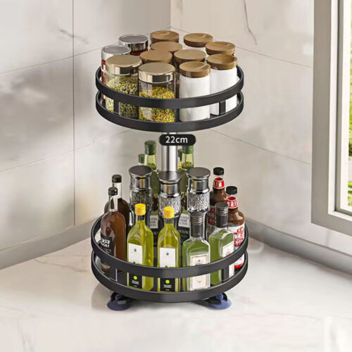 2x 2 Tier Steel Black Round Rotating Kitchen Portable Storage Spice Kitchen Countertop Organiser Shelf - Image 2