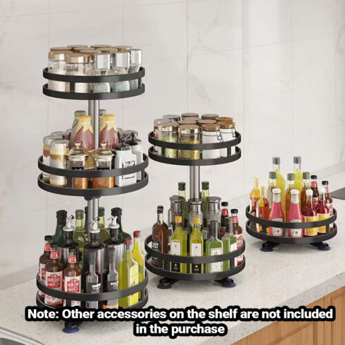 2x 2 Tier Steel Black Round Rotating Kitchen Portable Storage Spice Kitchen Countertop Organiser Shelf - Image 3