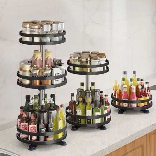 2x 2 Tier Steel Black Round Rotating Kitchen Portable Storage Spice Kitchen Countertop Organiser Shelf - Image 4