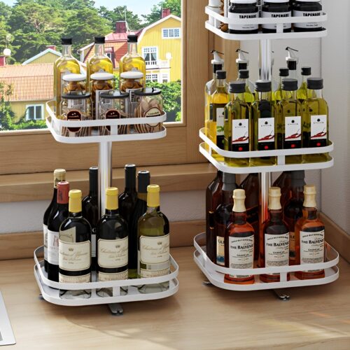 2x 2 Tier Steel White Square Rotating Kitchen Portable Storage Spice Kitchen Countertop Organiser Shelf - Image 4