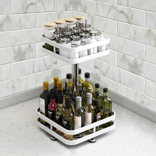 2x 2 Tier Steel White Square Rotating Kitchen Portable Storage Spice Kitchen Countertop Organiser Shelf - Image 6