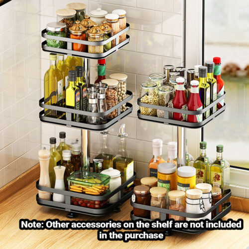 2x 2 Tier Steel Black Square Rotating Kitchen Portable Storage Spice Kitchen Countertop Organiser Shelf - Image 4