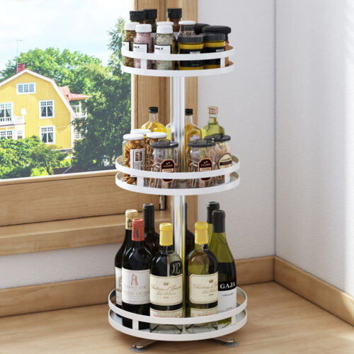 2x 3 Tier Steel White Round Rotating Kitchen Portable Storage Spice Kitchen Countertop Organiser Shelf - Image 2