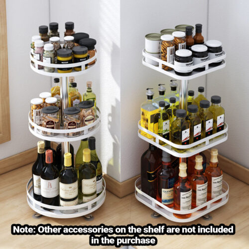 2x 3 Tier Steel White Round Rotating Kitchen Portable Storage Spice Kitchen Countertop Organiser Shelf - Image 3