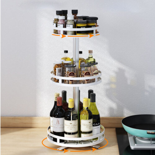 2x 3 Tier Steel White Round Rotating Kitchen Portable Storage Spice Kitchen Countertop Organiser Shelf - Image 4