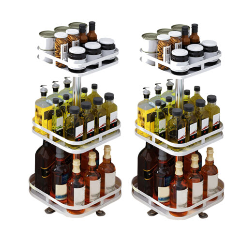 2x 3 Tier Steel White Square Rotating Kitchen Portable Storage Spice Kitchen Countertop Organiser Shelf