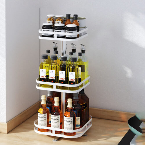 2x 3 Tier Steel White Square Rotating Kitchen Portable Storage Spice Kitchen Countertop Organiser Shelf - Image 2