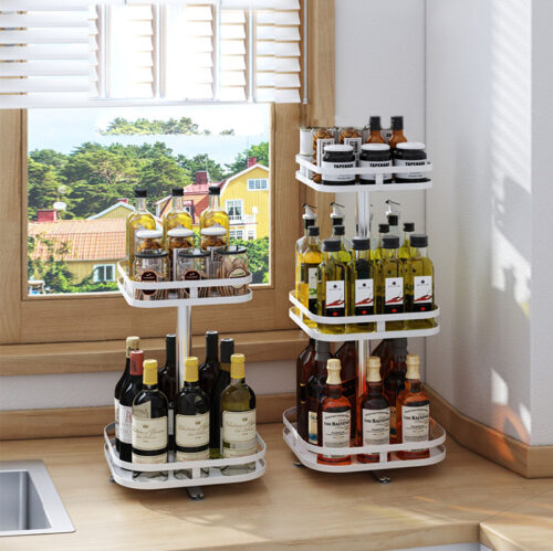 2x 3 Tier Steel White Square Rotating Kitchen Portable Storage Spice Kitchen Countertop Organiser Shelf - Image 4