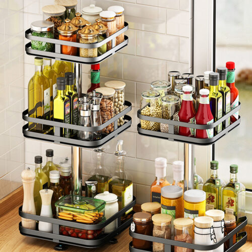 2x 3 Tier Steel Black Square Rotating Kitchen Portable Storage Spice Kitchen Countertop Organiser Shelf - Image 3