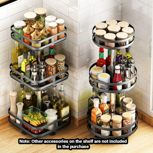 2x 3 Tier Steel Black Square Rotating Kitchen Portable Storage Spice Kitchen Countertop Organiser Shelf - Image 4