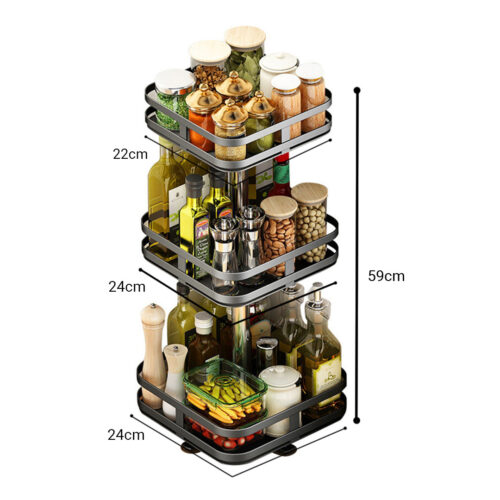 2x 3 Tier Steel Black Square Rotating Kitchen Portable Storage Spice Kitchen Countertop Organiser Shelf - Image 5