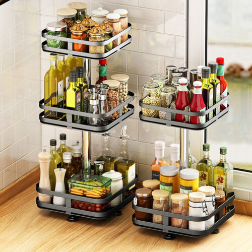 2x 3 Tier Steel Black Square Rotating Kitchen Portable Storage Spice Kitchen Countertop Organiser Shelf - Image 6