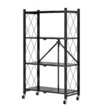 4 Tier Steel Black Folding Kitchen Cart Multi-Functional Shelves Portable Storage Organizer with Wheels