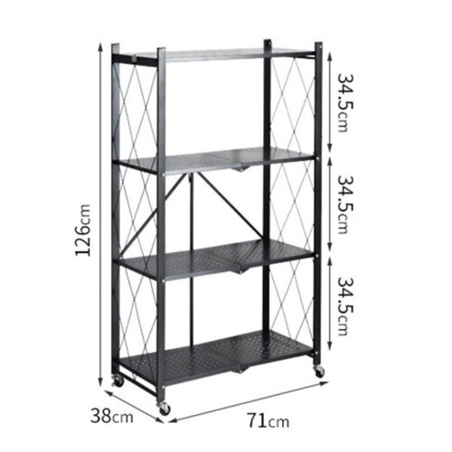 4 Tier Steel Black Folding Kitchen Cart Multi-Functional Shelves Portable Storage Organizer with Wheels - Image 2