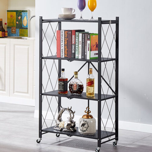 4 Tier Steel Black Folding Kitchen Cart Multi-Functional Shelves Portable Storage Organizer with Wheels - Image 3