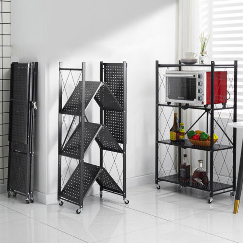 4 Tier Steel Black Folding Kitchen Cart Multi-Functional Shelves Portable Storage Organizer with Wheels - Image 4