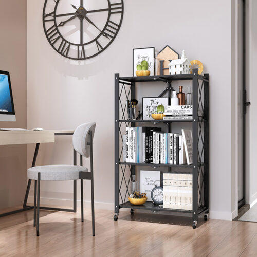 4 Tier Steel Black Folding Kitchen Cart Multi-Functional Shelves Portable Storage Organizer with Wheels - Image 10