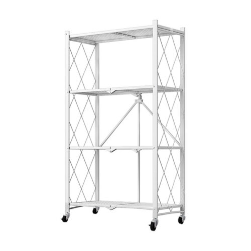 4 Tier Steel White Folding Kitchen Cart Multi-Functional Shelves Portable Storage Organizer with Wheels