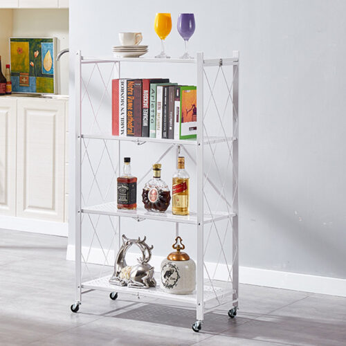 4 Tier Steel White Folding Kitchen Cart Multi-Functional Shelves Portable Storage Organizer with Wheels - Image 3