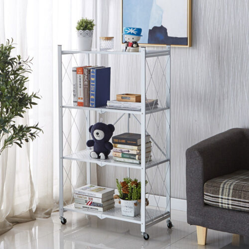4 Tier Steel White Folding Kitchen Cart Multi-Functional Shelves Portable Storage Organizer with Wheels - Image 8