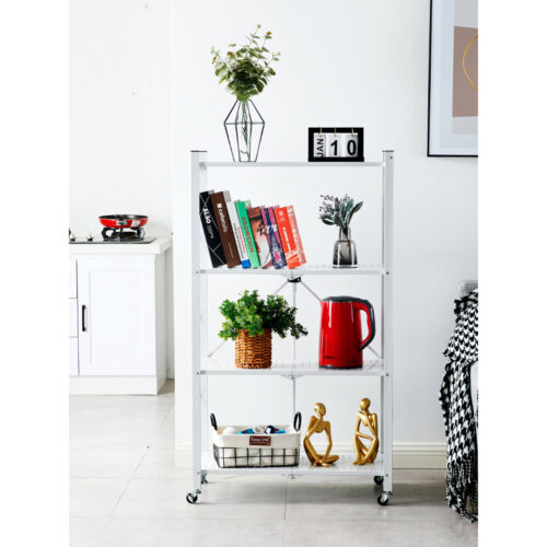 4 Tier Steel White Folding Kitchen Cart Multi-Functional Shelves Portable Storage Organizer with Wheels - Image 9