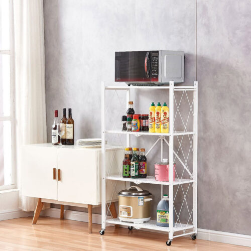 4 Tier Steel White Folding Kitchen Cart Multi-Functional Shelves Portable Storage Organizer with Wheels - Image 10