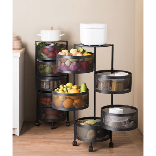 5 Tier Steel Round Rotating Kitchen Cart Multi-Functional Shelves Portable Storage Organizer with Wheels - Image 3