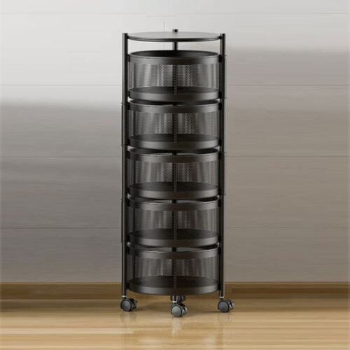 5 Tier Steel Round Rotating Kitchen Cart Multi-Functional Shelves Portable Storage Organizer with Wheels - Image 9