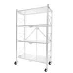 4 Tier Steel White Folding Display Stand Multi-Functional Shelves Portable Storage Organizer with Wheels